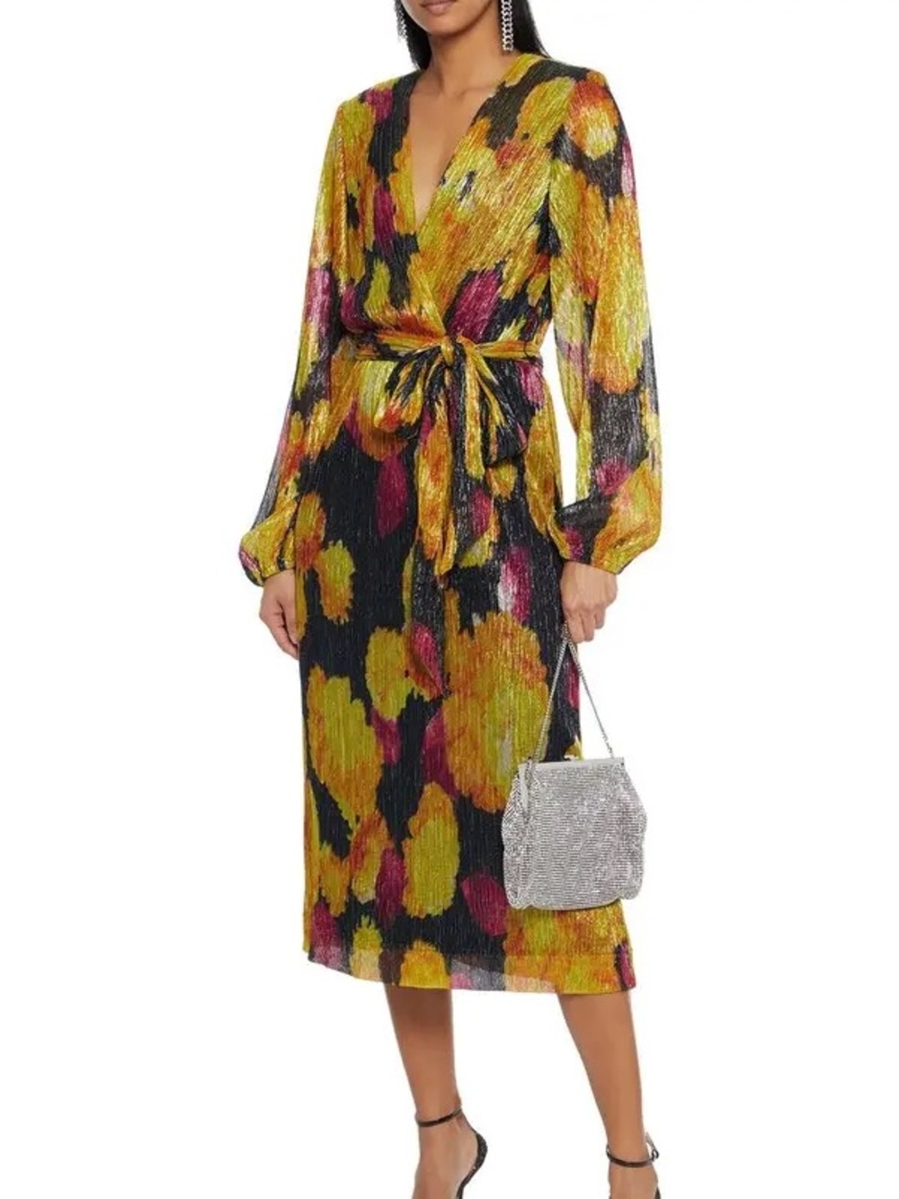 Belladonna Wrap-Effect Metallic Printed Plissé-
Jersey Midi Dress